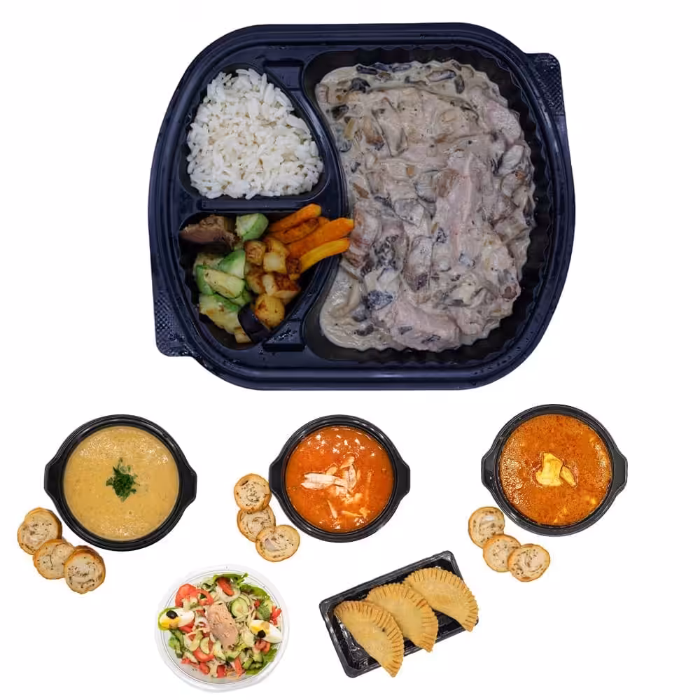 Repas variés: riz, viandes, soupes, salade et empanadas