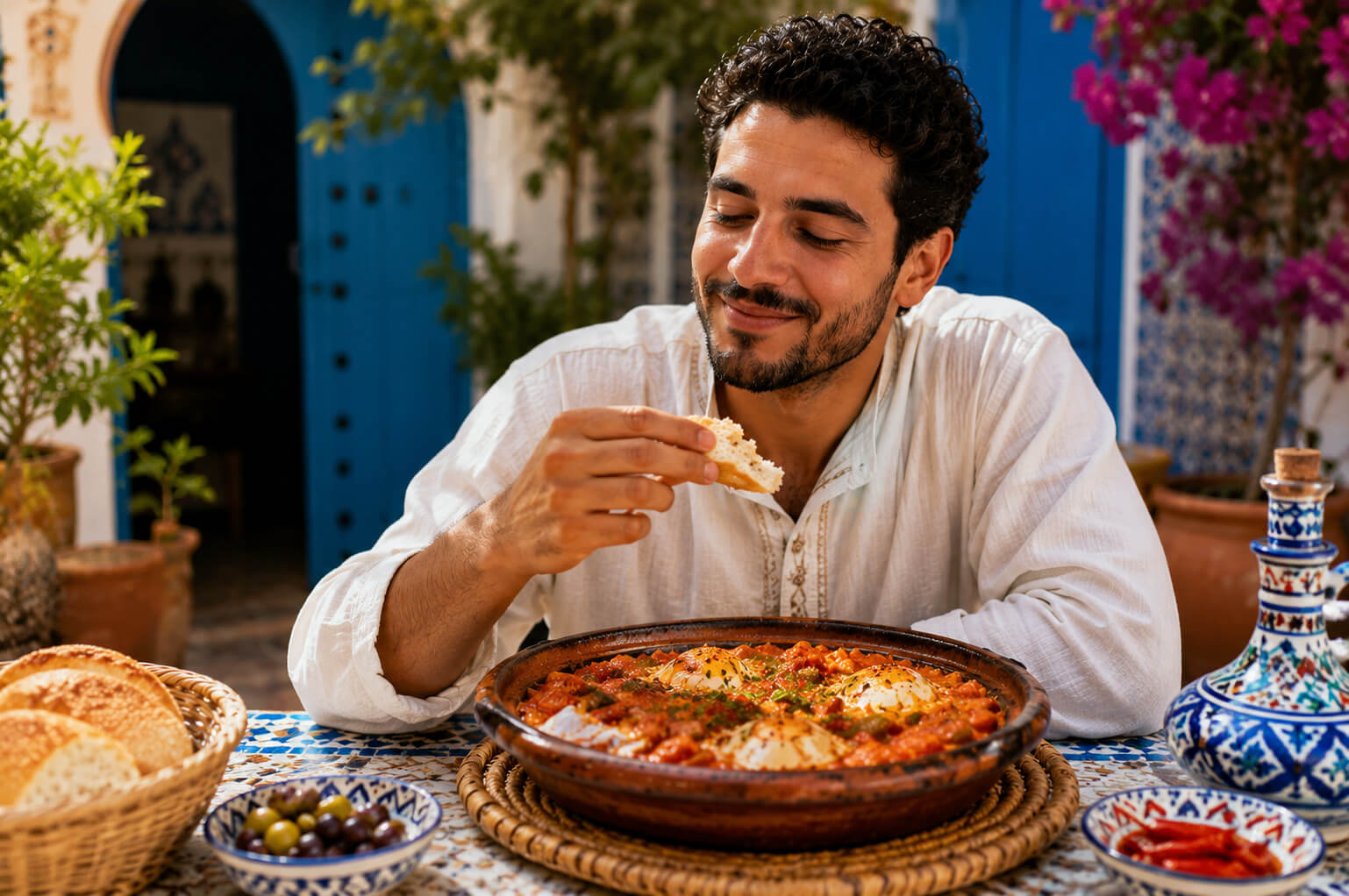 un tunisien en train de savourer l'ojja tunisienne livrée par repas med