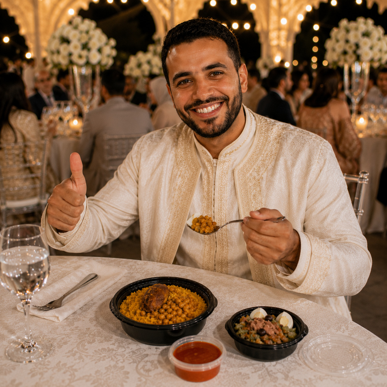 le marié est heureux et satisfait de repas préparé par notre traiteur mariage à hamammet et il recommandent les chefs de repas med  pour toutes les repas de mariage à hammamet