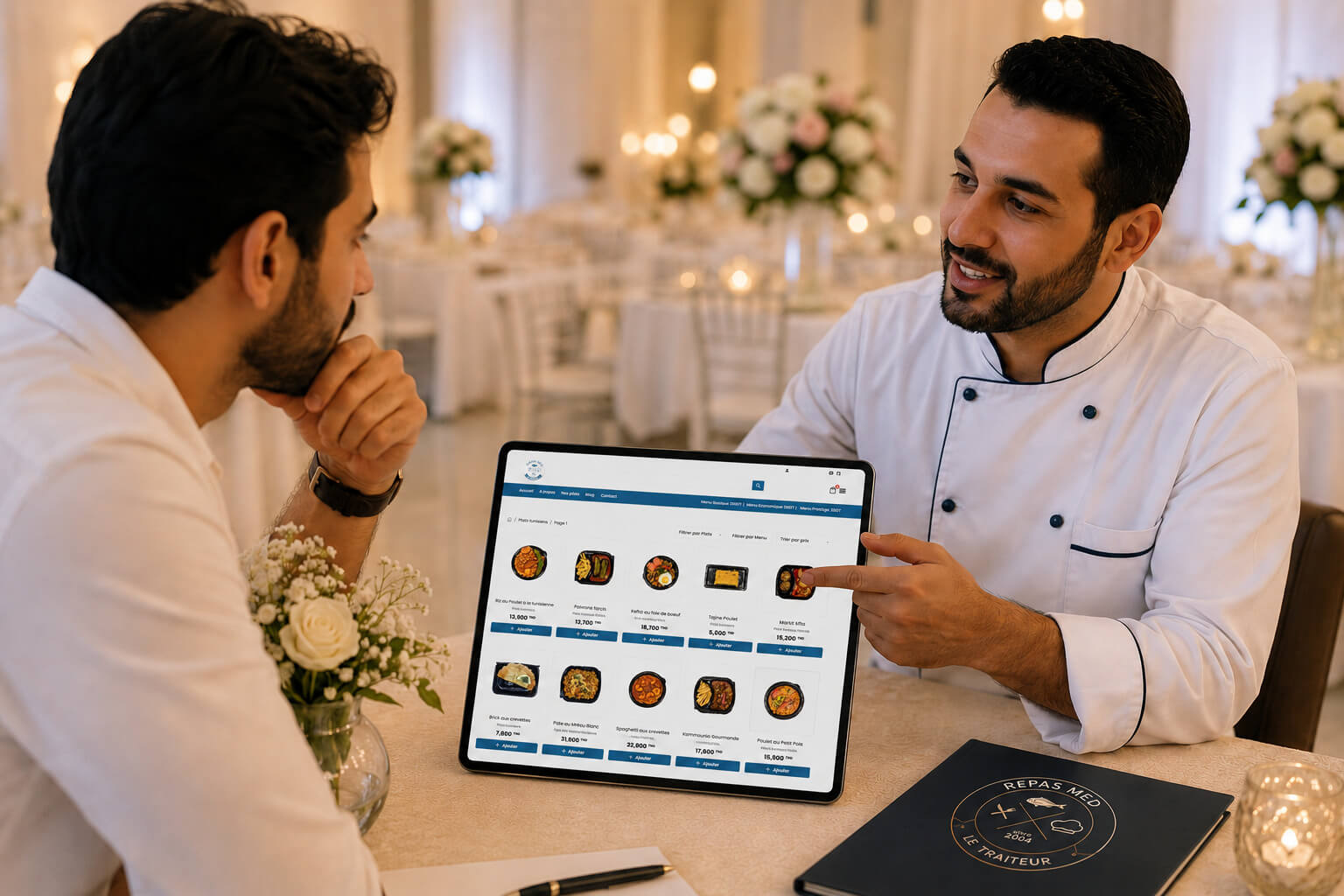 Chef Repas Med présentant la carte de repas à un client pour choisir le menu de son mariage à Hammamet