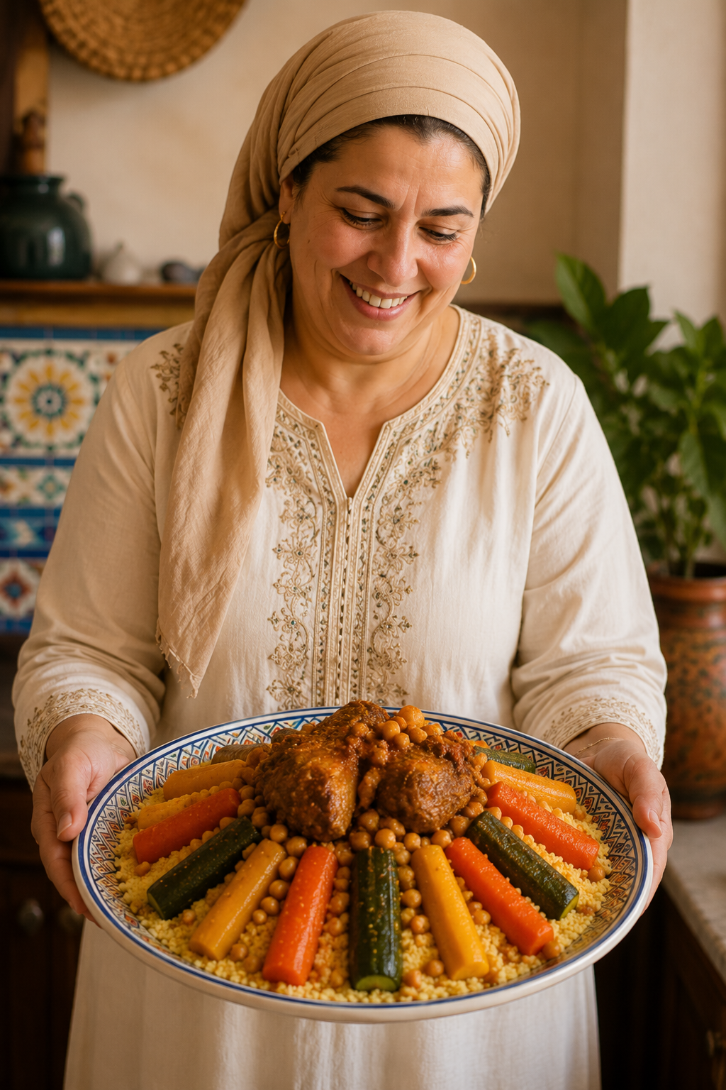 mère tunisienne prépare le couscous du dimanche