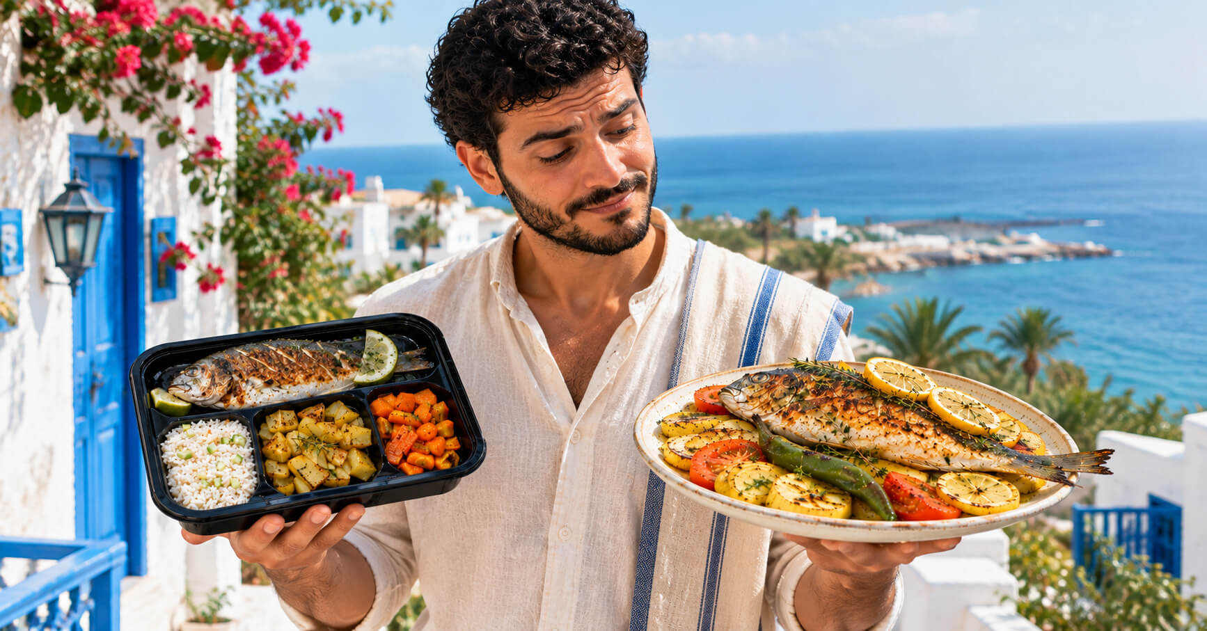 Homme tenant un plateau de dorade au four et une barquette de dorade grillée Repas Med, avec vue sur la mer à Nabeul et Hammamet