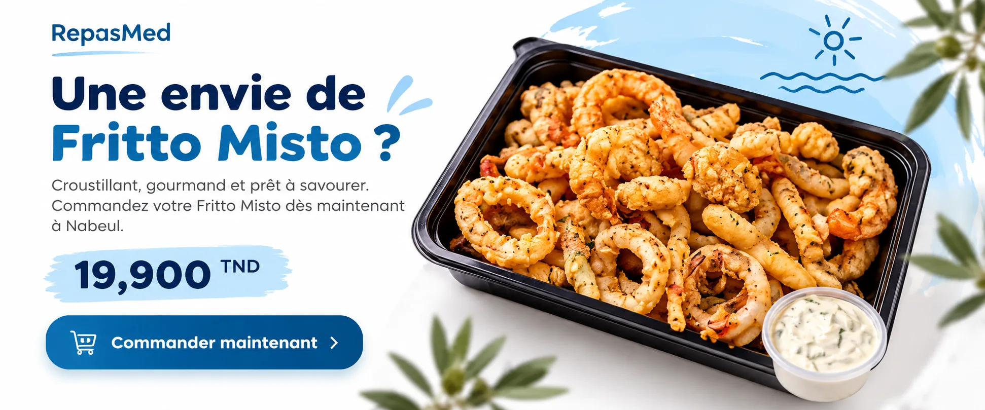 Fritto Misto RepasMed à Nabeul, assortiment croustillant de calamars, crevettes et fruits de mer frits, accompagné d'une sauce aïoli.
